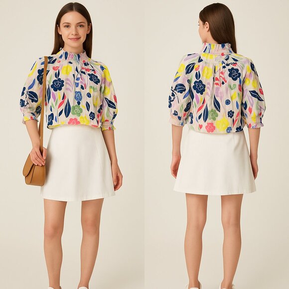 Like New Karlie Multicolor Floral Ruffle Puff Sleeve Blouse – Size Large - Picture 2 of 9